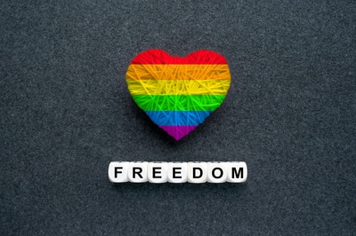 Rainbow colored hart and the words freedom below it.