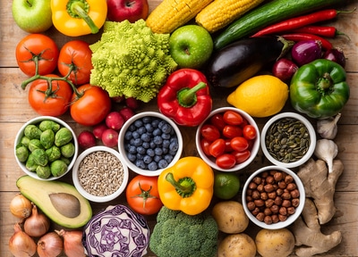 Fresh fruits and vegetables.