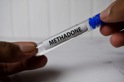 Glass vile labeled methadone.