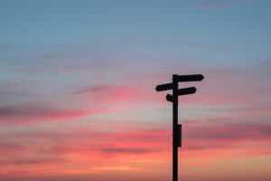 Directional signs against a sunset